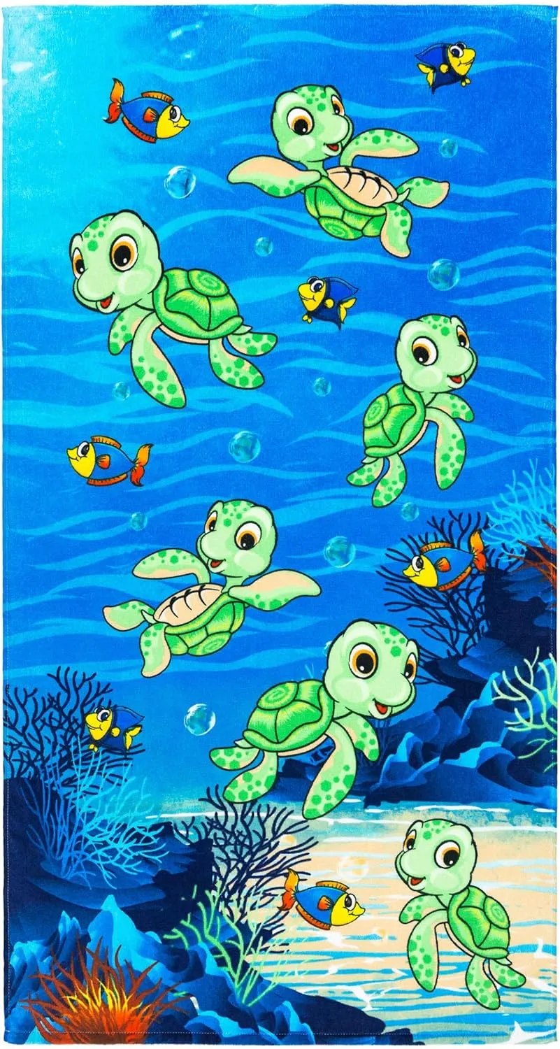 Softerry - Happy Little Turtles Beach Towel 28 x 51 inches (70 x 130cm) 100% Cotton Soft and Absorbent (1 Towel, Little Turtles)