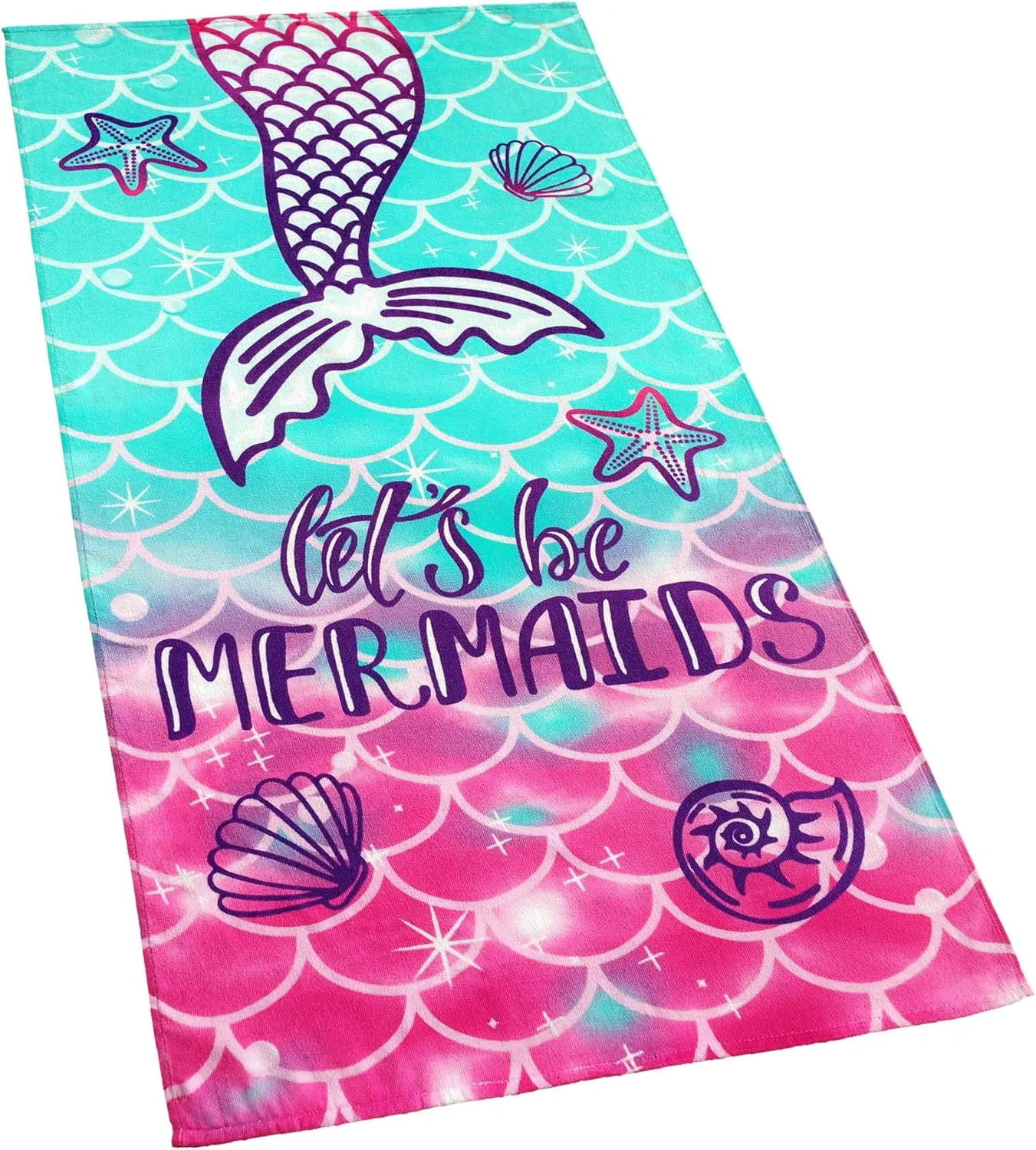 Softerry Mermaid Princess Beach Towel 30 x 60 inch Velour 100% Cotton, Pink and Green (Large - 30" x 60" - 76 x 152cm)