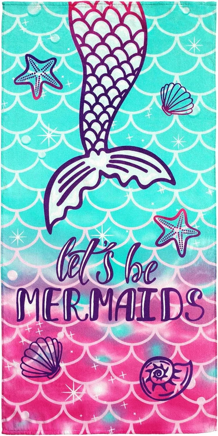 Softerry Mermaid Princess Beach Towel 30 x 60 inch Velour 100% Cotton, Pink and Green (Large - 30" x 60" - 76 x 152cm)