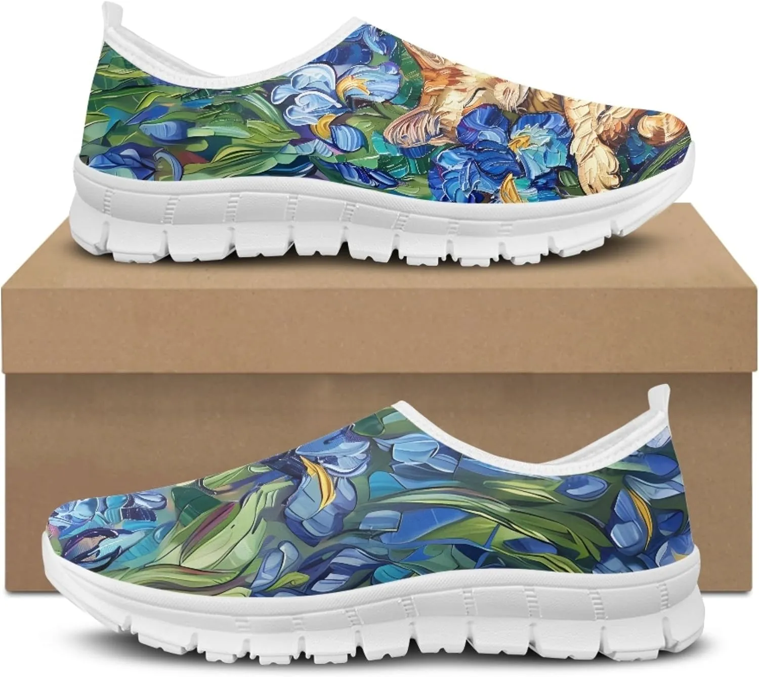 Stylish Print Women's Slip on Walking Shoes Low-Top Mesh Flat Sneaker Shoes Size 5-10.5