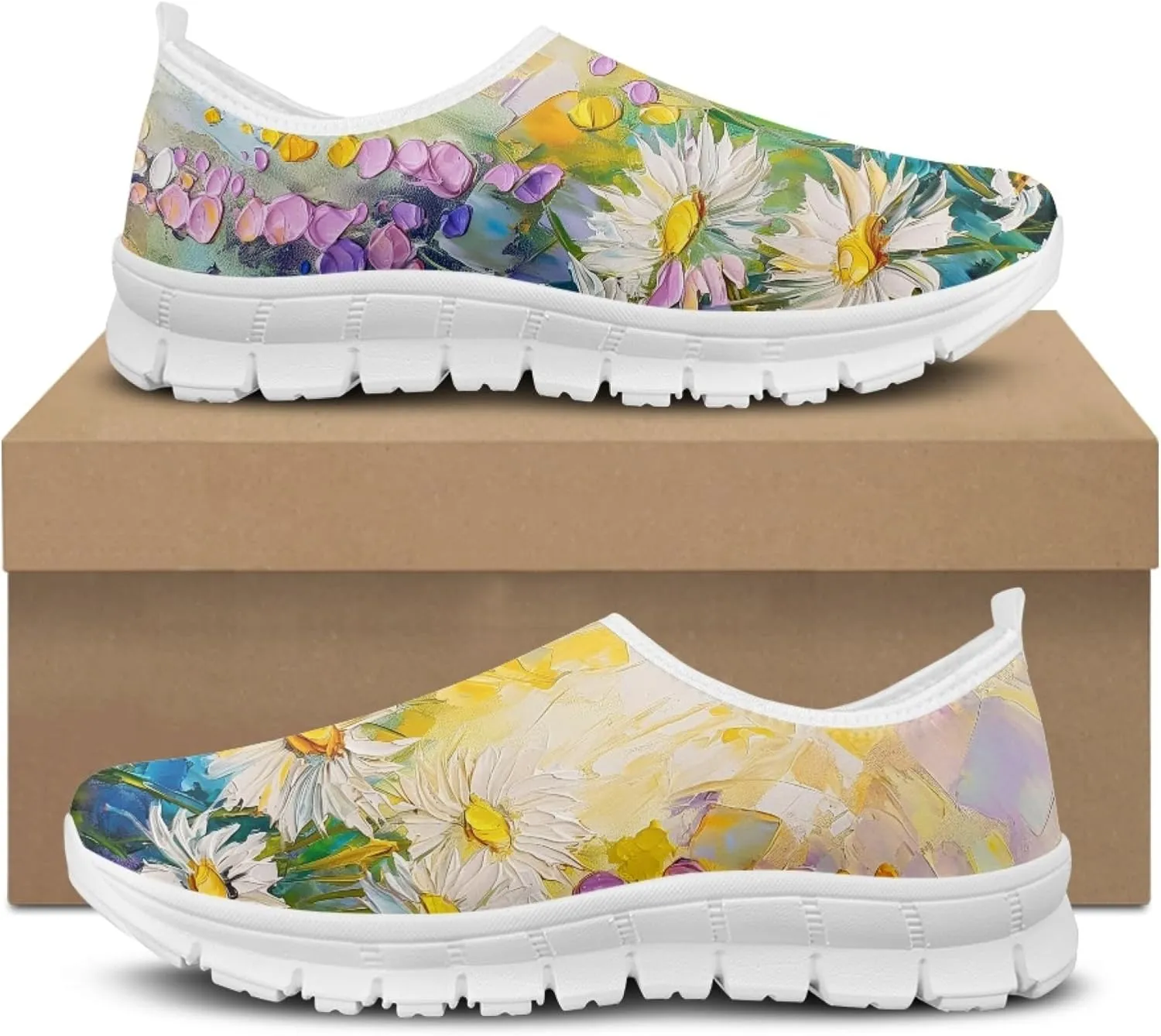 Stylish Print Women's Slip on Walking Shoes Low-Top Mesh Flat Sneaker Shoes Size 5-10.5