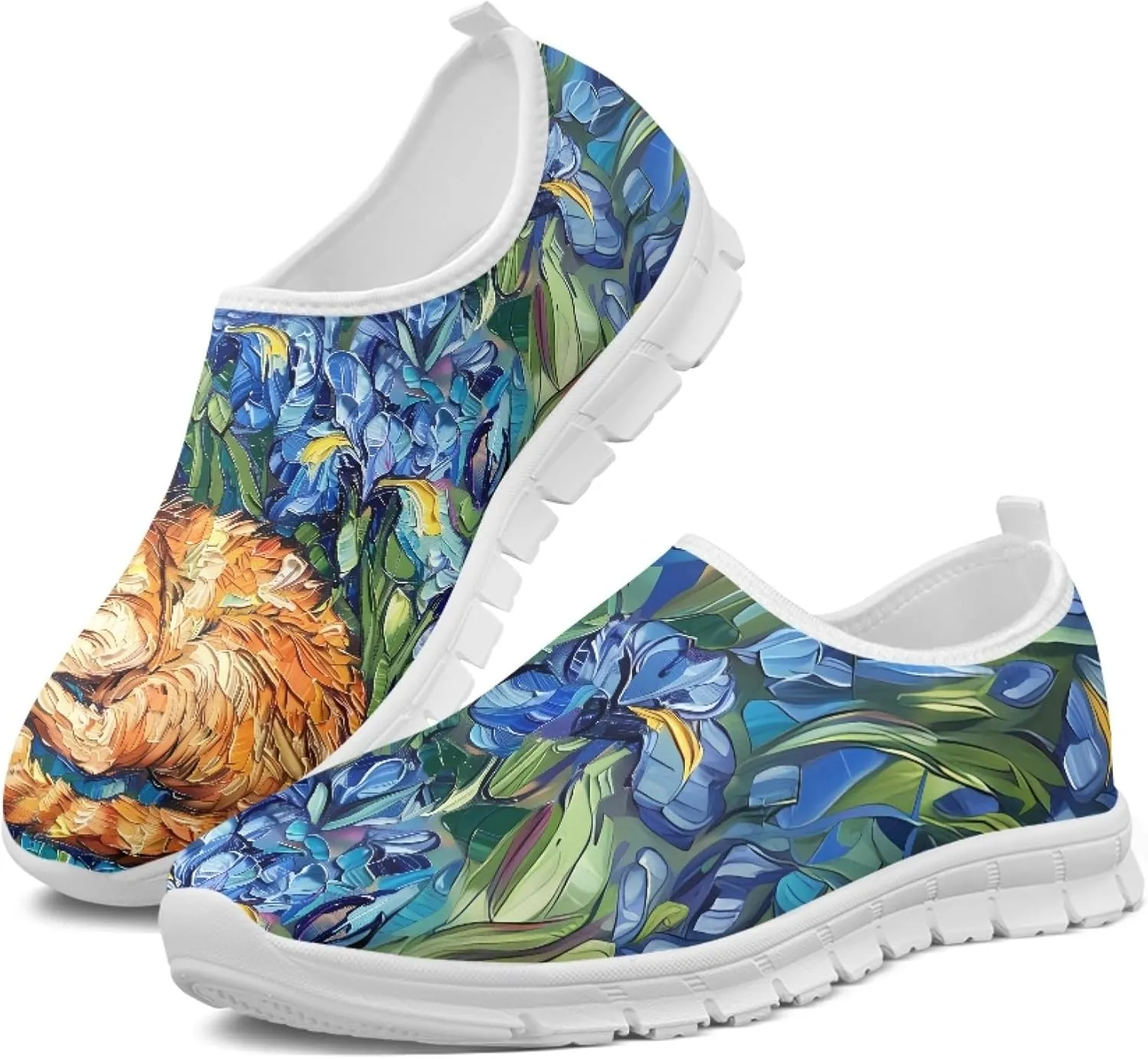 Stylish Print Women's Slip on Walking Shoes Low-Top Mesh Flat Sneaker Shoes Size 5-10.5