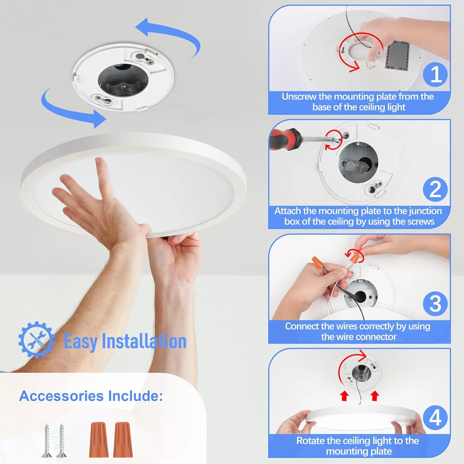 SunRider LED Flush Mount Ceiling Light Fixture, 6000K Cool White, 2400LM, 12 Inch 24W Modern Round Flat Lights, 240W Equiv. Panel Lamp, Non-Dimmable