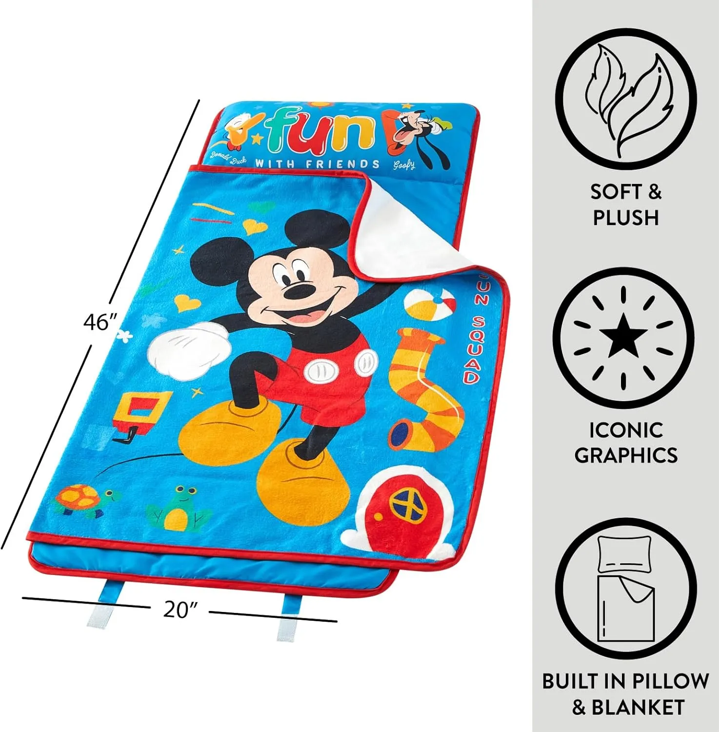Super Soft Plush Toddler Quilted Nap Mat with Built in Blanket and Pillow