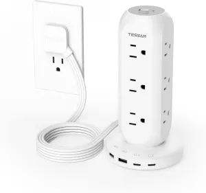 Surge Protector Power Strip Tower, TESSAN Flat Plug Extension Cord 6 FT, Charging Station with 9 Outlets and 4 USB(2 USB C), 900J Surge Protection for Office Home Dorm Room Desk Accessories