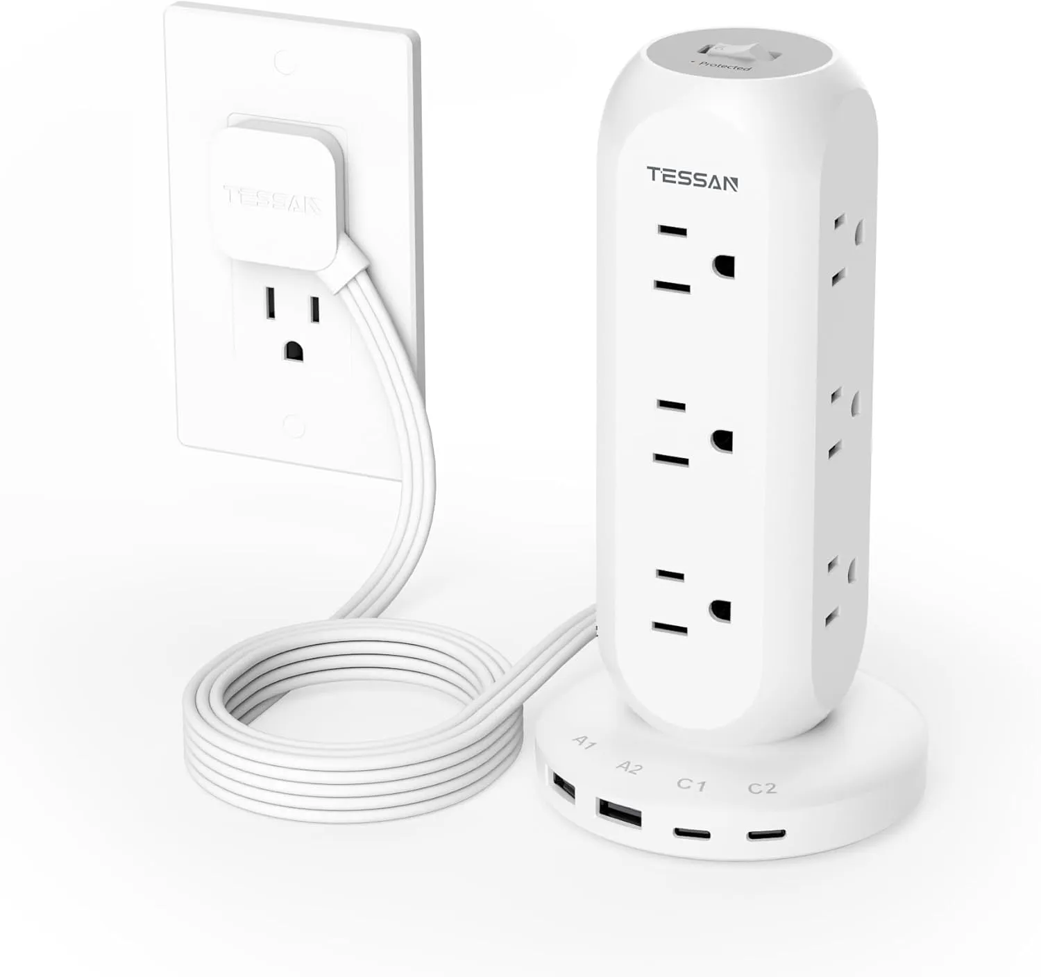 Surge Protector Power Strip Tower, TESSAN Flat Plug Extension Cord 6 FT, Charging Station with 9 Outlets and 4 USB(2 USB C), 900J Surge Protection for Office Home Dorm Room Desk Accessories