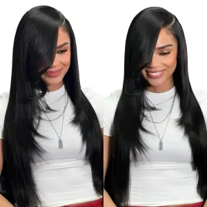 Synthetic Lace Front Wig 13x6 HD Glueless Lace Frontal Wig Pre Plucked Hairline with Baby Hair Long Yaki Straight Layered Lace Wigs for Black Women Daily Use (Natural Black, 24 Inch)