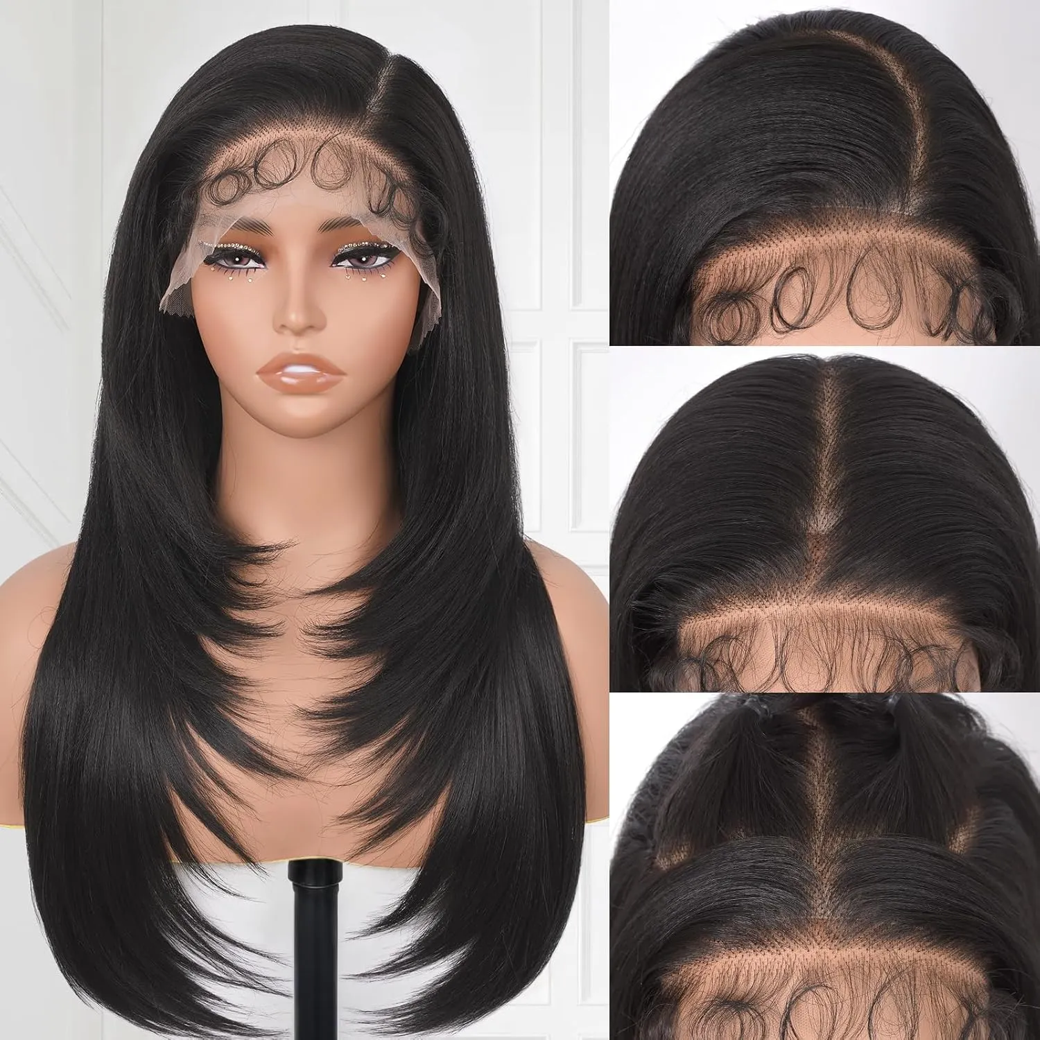 Synthetic Lace Front Wig 13x6 HD Glueless Lace Frontal Wig Pre Plucked Hairline with Baby Hair Long Yaki Straight Layered Lace Wigs for Black Women Daily Use (Natural Black, 24 Inch)