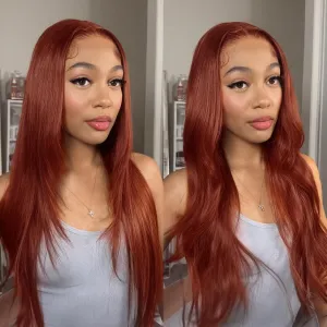 Synthetic Lace Front Wig 13x6 HD Glueless Lace Frontal Wig Pre Plucked Hairline with Baby Hair Long Yaki Straight Layered Lace Wigs for Black Women Daily Use (red copper, 22 Inch)
