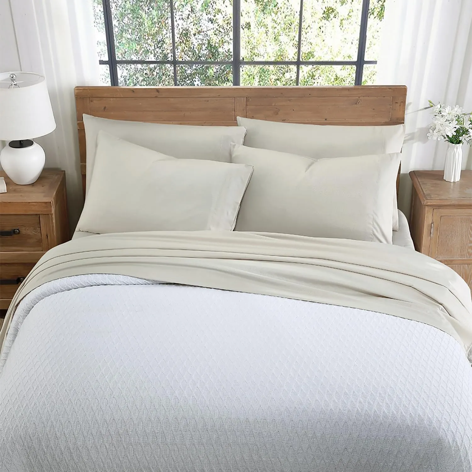 Tahari Home - Sheets, Soft Bedding Set with Matching Pillowcases, Dorm Room Essentials, Wrinkle Resistant Room Decor (Vines Birch Beige, King)