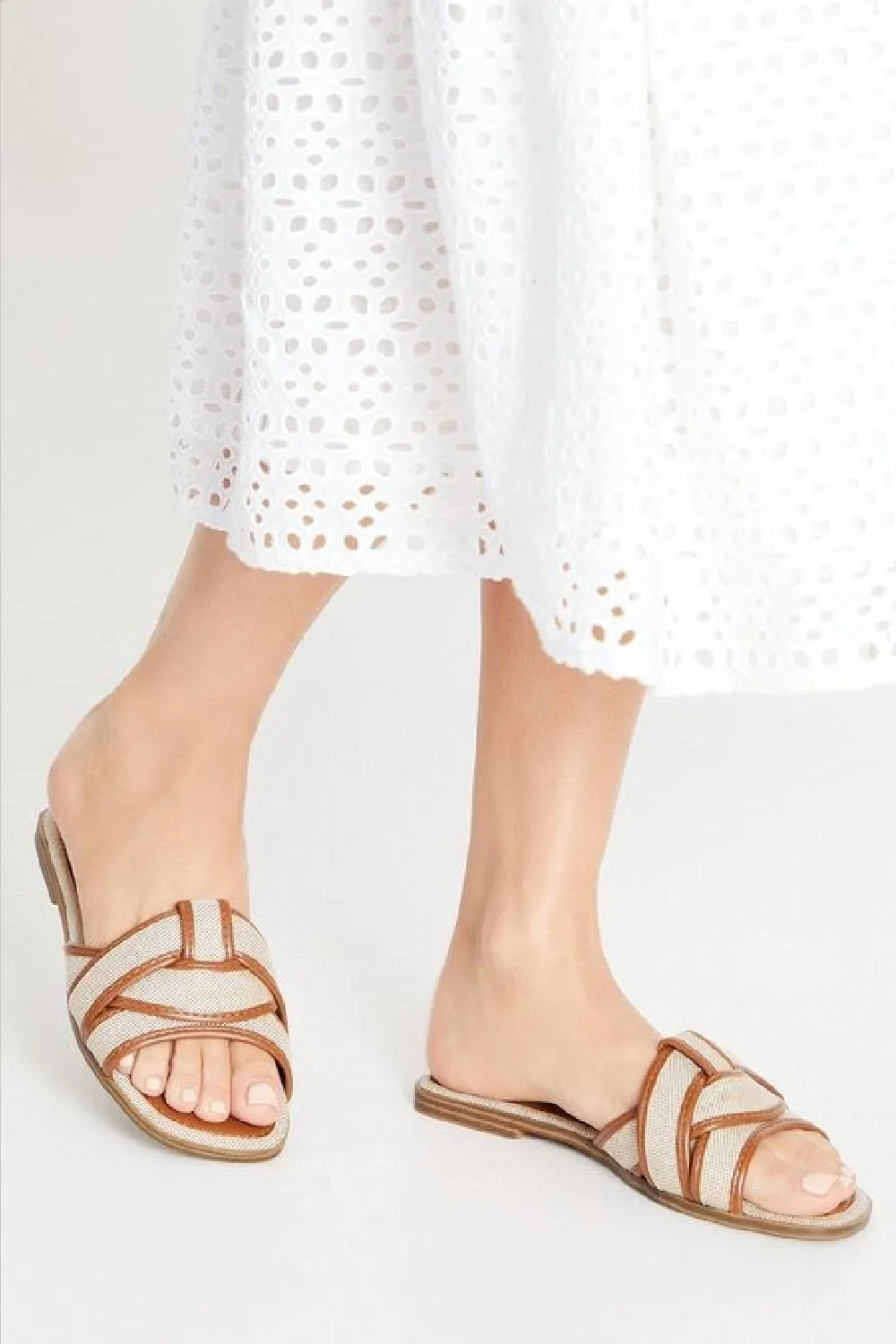 Tan Canvas Woven Flat Slider Sandal