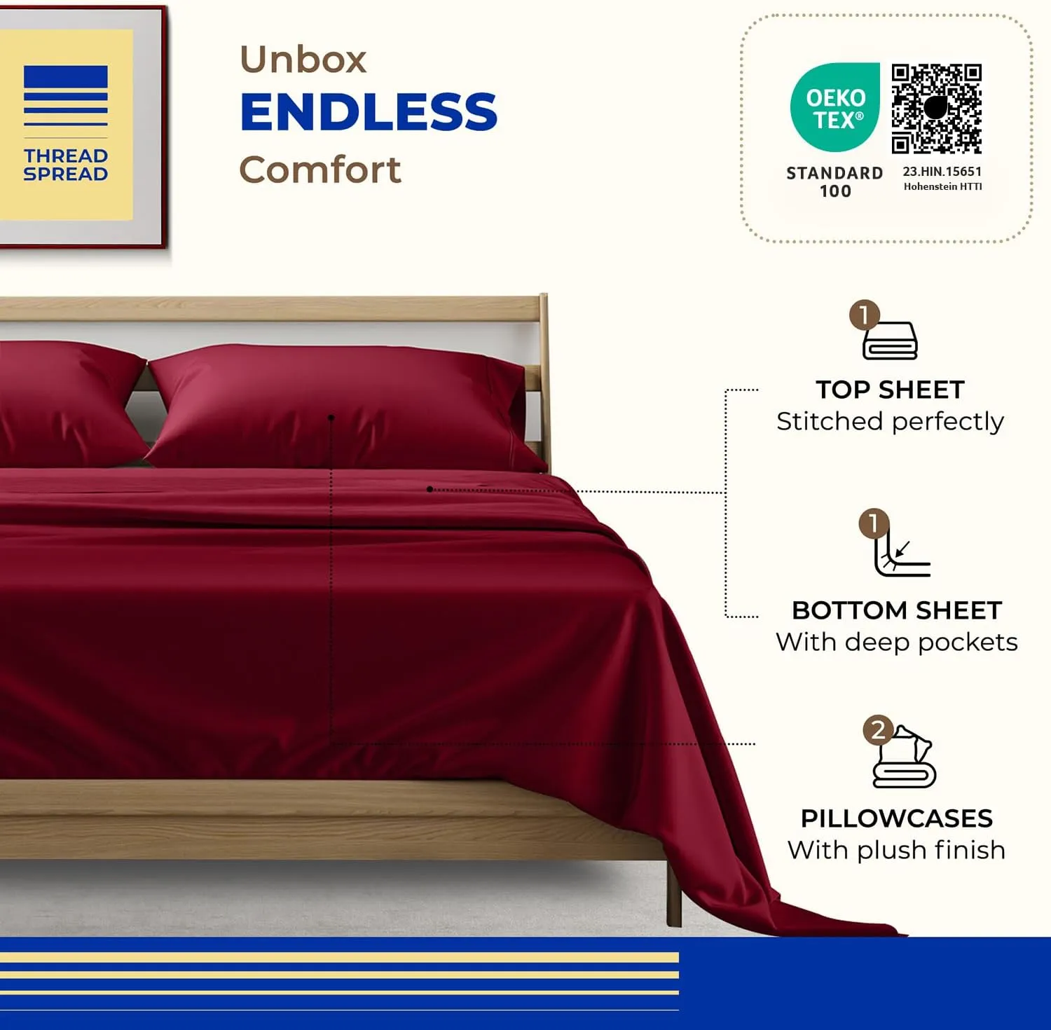 THREAD SPREAD 100% Pure Egyptian Cotton Queen Size Sheets - 1000 High Thread Count, 4 PC Luxury Hotel Sheets, 16" Deep Pocket Sateen Weave Cooling Bedding Sets - Burgundy
