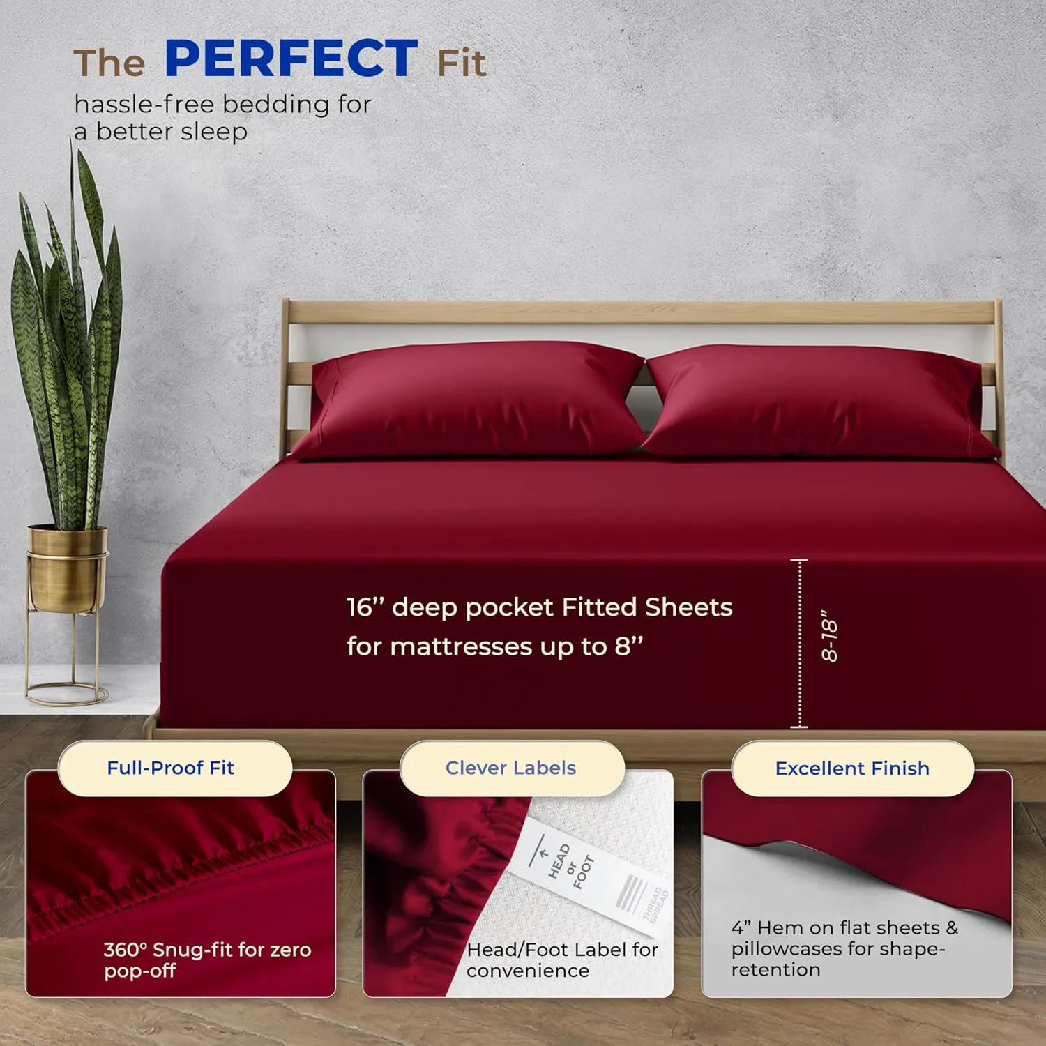 THREAD SPREAD 100% Pure Egyptian Cotton Queen Size Sheets - 1000 High Thread Count, 4 PC Luxury Hotel Sheets, 16" Deep Pocket Sateen Weave Cooling Bedding Sets - Burgundy