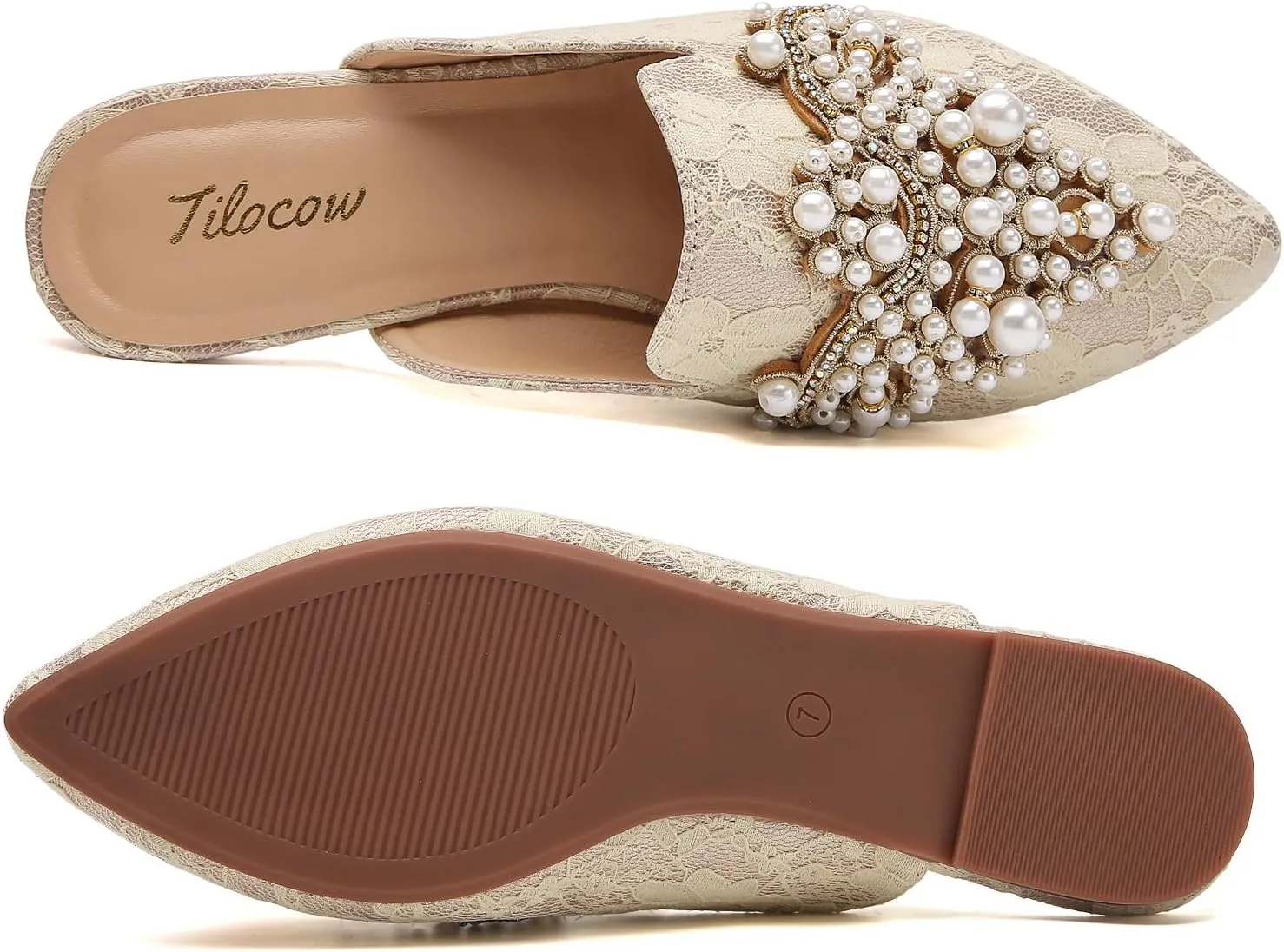Tilocow Pearl Decor Mules for Women Flats Pointed Toe Backless Flat Slip On Slides Women's Mule Shoes