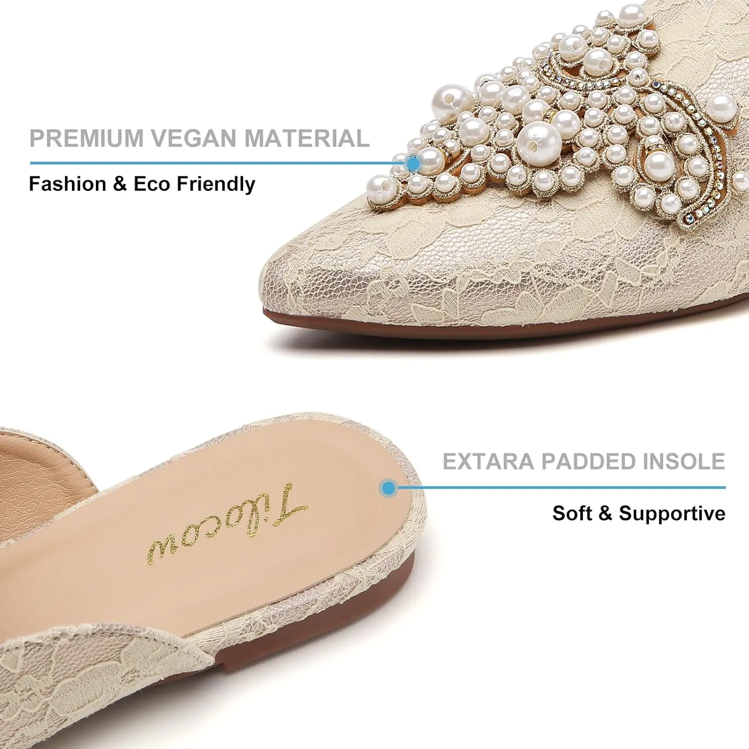 Tilocow Pearl Decor Mules for Women Flats Pointed Toe Backless Flat Slip On Slides Women's Mule Shoes