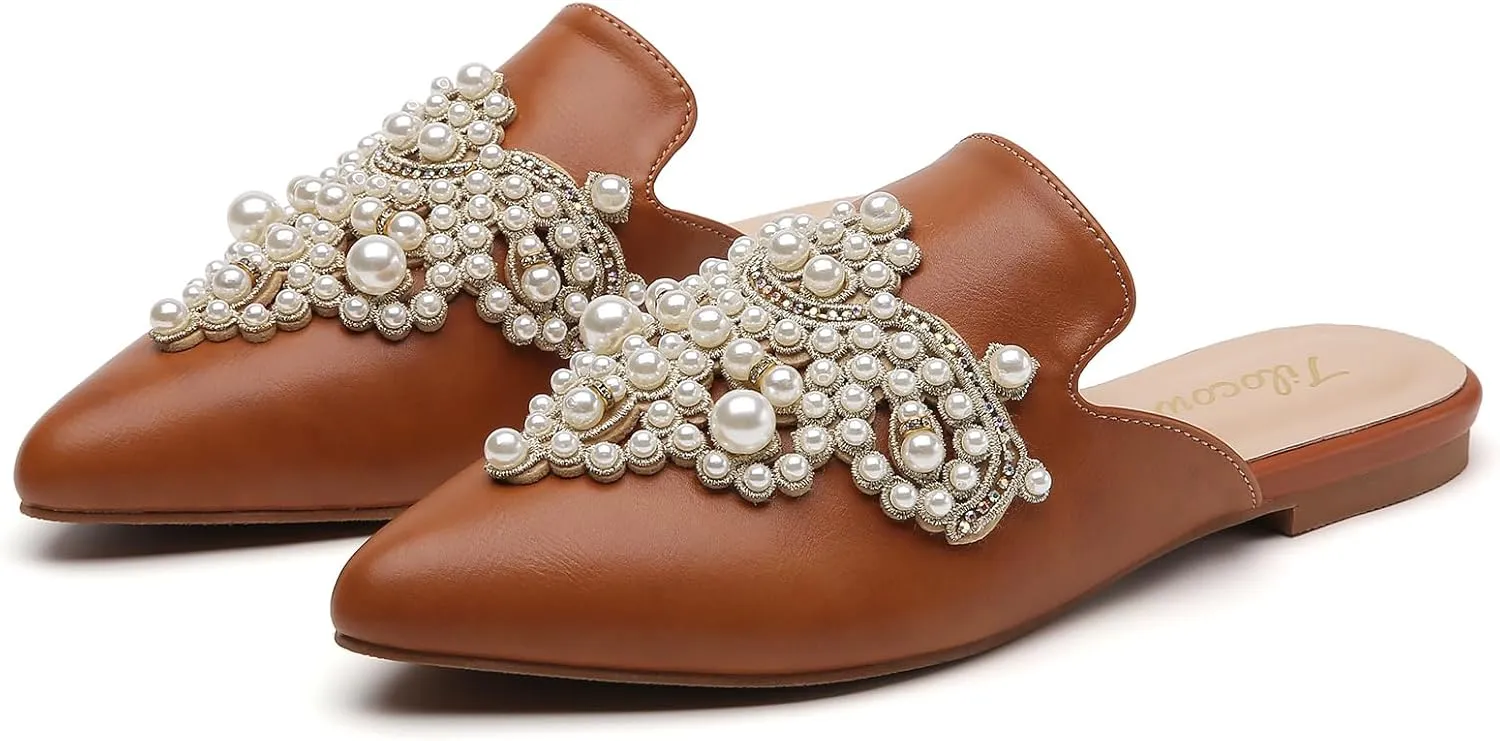 Tilocow Pearl Decor Mules for Women Flats Pointed Toe Backless Flat Slip On Slides Women's Mule Shoes