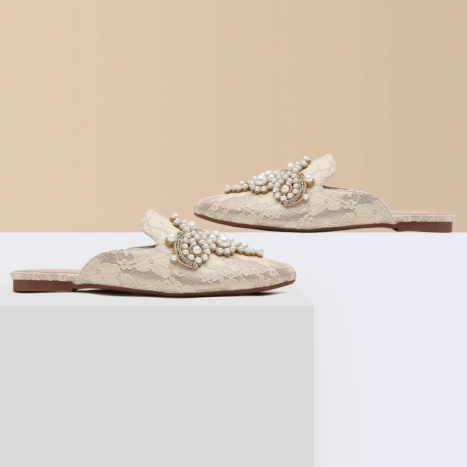 Tilocow Pearl Decor Mules for Women Flats Pointed Toe Backless Flat Slip On Slides Women's Mule Shoes