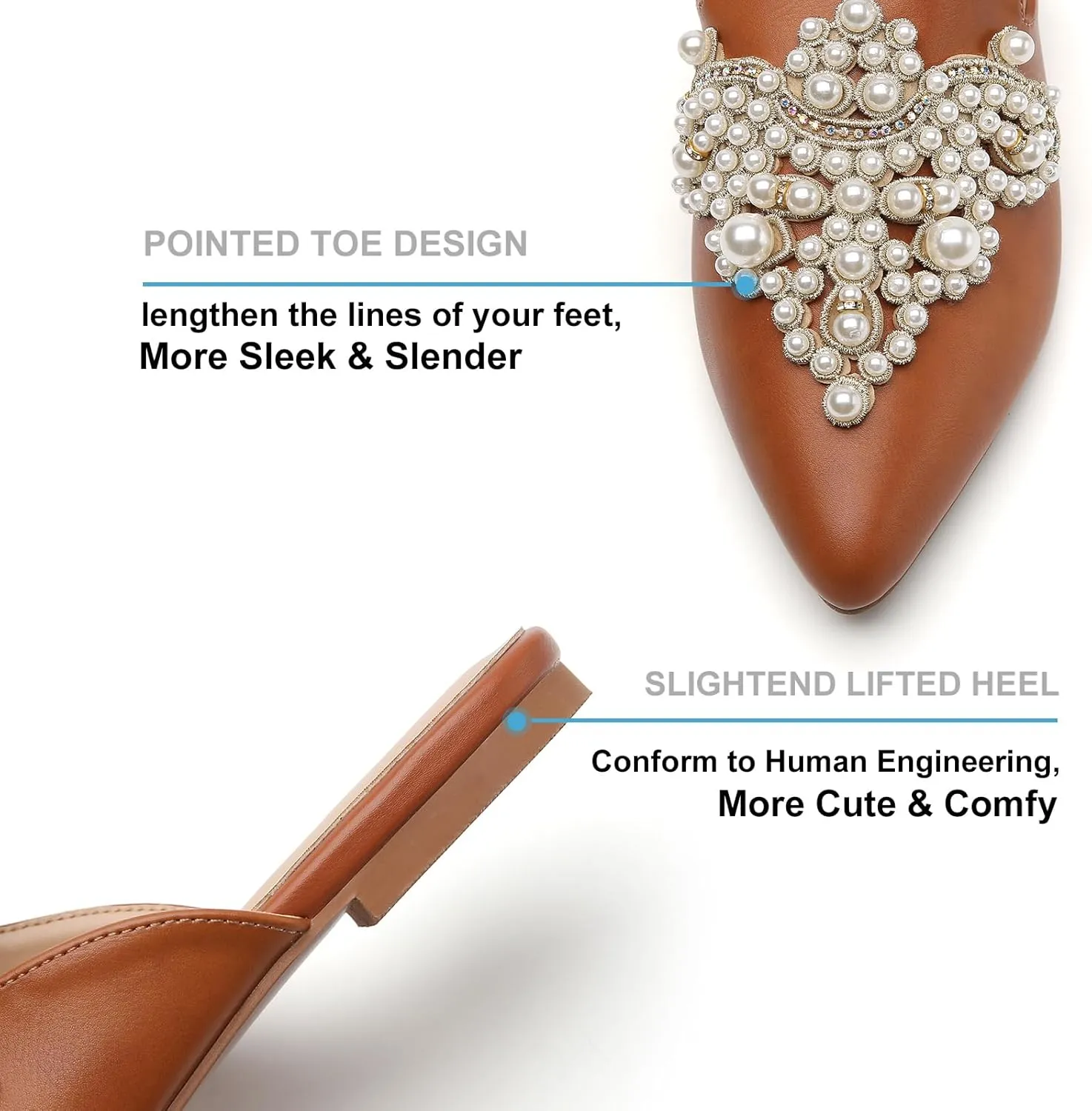 Tilocow Pearl Decor Mules for Women Flats Pointed Toe Backless Flat Slip On Slides Women's Mule Shoes