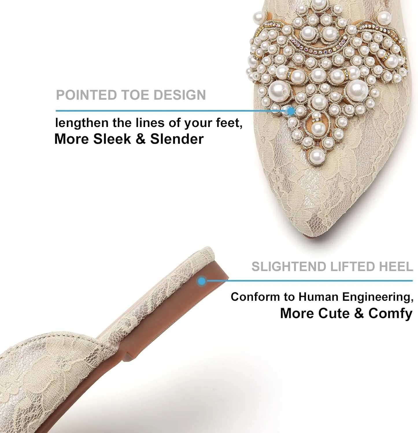 Tilocow Pearl Decor Mules for Women Flats Pointed Toe Backless Flat Slip On Slides Women's Mule Shoes