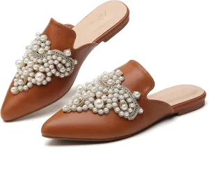 Tilocow Pearl Decor Mules for Women Flats Pointed Toe Backless Flat Slip On Slides Women's Mule Shoes