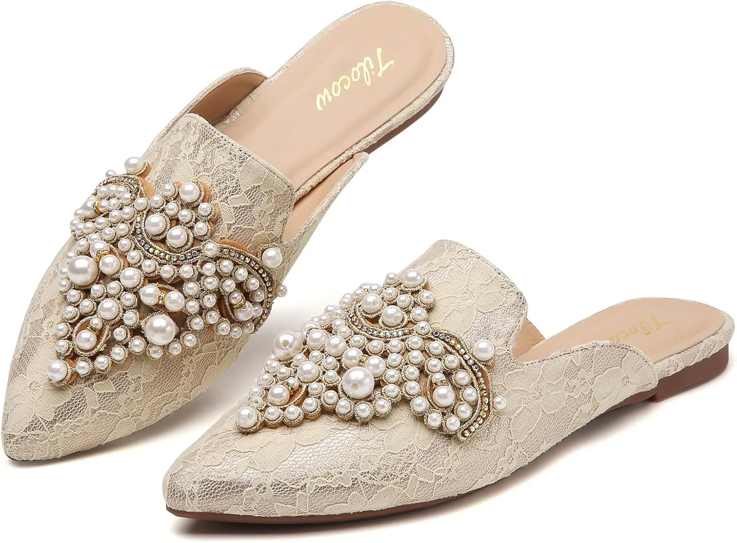 Tilocow Pearl Decor Mules for Women Flats Pointed Toe Backless Flat Slip On Slides Women's Mule Shoes