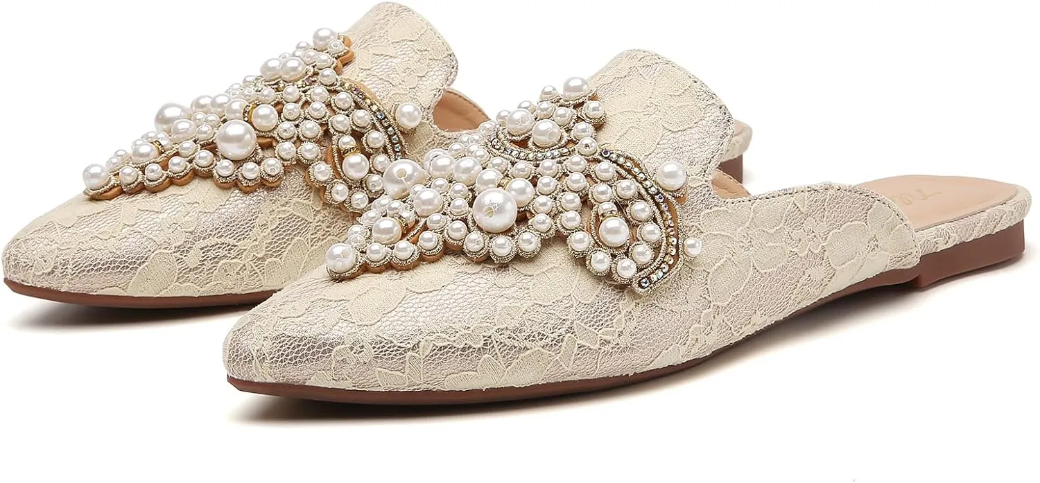 Tilocow Pearl Decor Mules for Women Flats Pointed Toe Backless Flat Slip On Slides Women's Mule Shoes