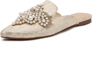 Tilocow Pearl Decor Mules for Women Flats Pointed Toe Backless Flat Slip On Slides Women's Mule Shoes