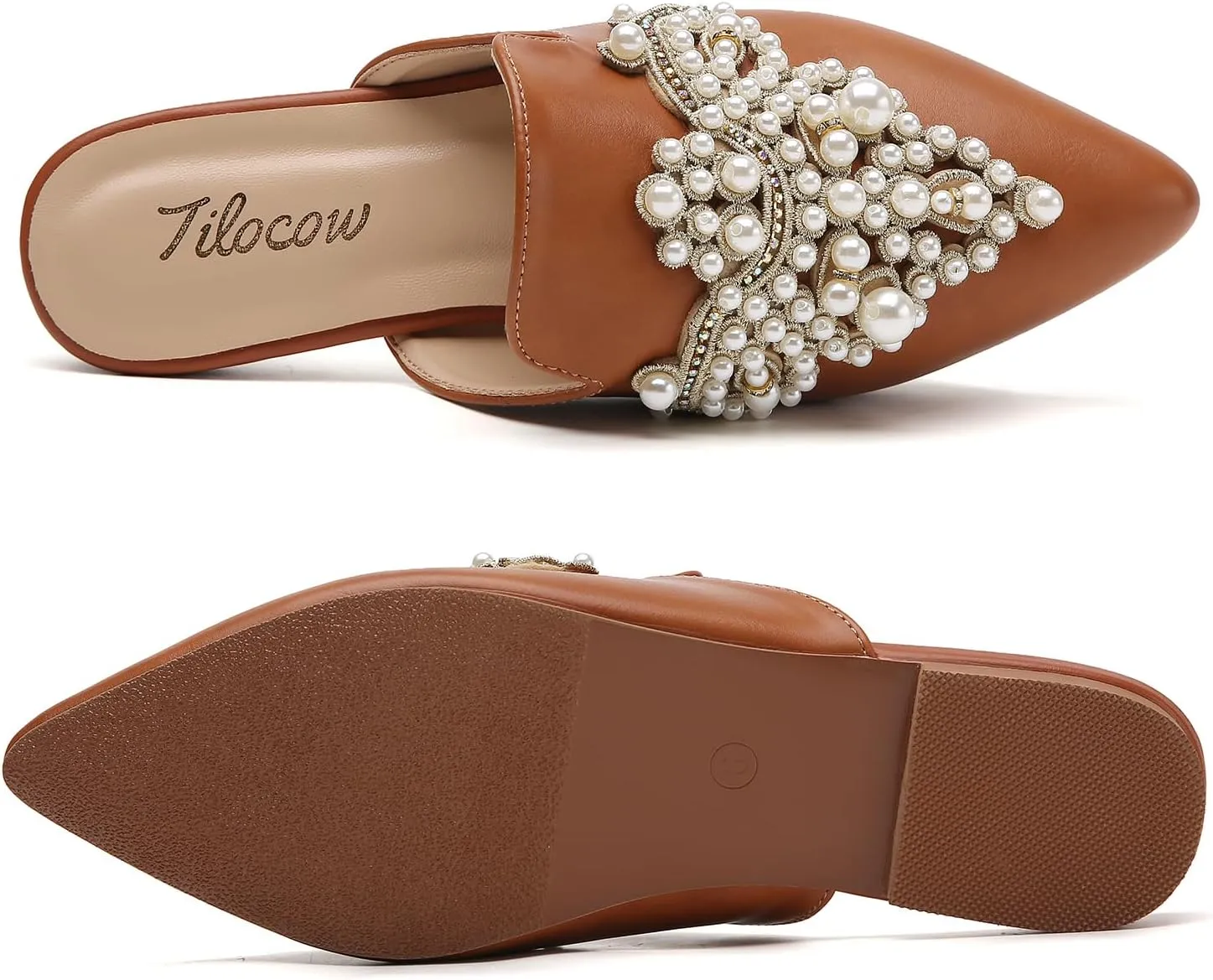 Tilocow Pearl Decor Mules for Women Flats Pointed Toe Backless Flat Slip On Slides Women's Mule Shoes