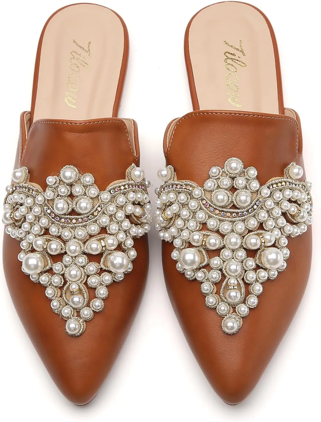 Tilocow Pearl Decor Mules for Women Flats Pointed Toe Backless Flat Slip On Slides Women's Mule Shoes