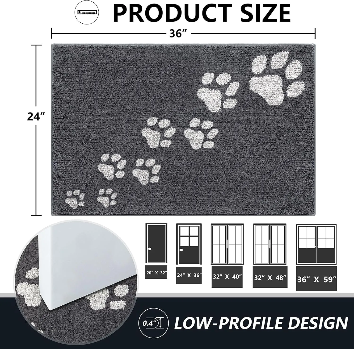 Timo Indoor Door Mat, 24"x36" Super Absorbent Dog Mats for Muddy Paws, Low-Profile Washable Entryway Rug, Rubber Backing Non Slip Front Door Mats, Resist Dirt Inside Entrance Doormat for Shoes, Grey