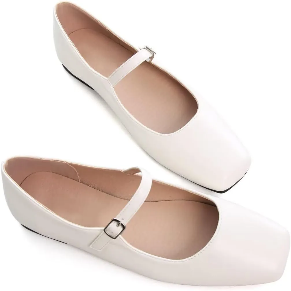 TN TANGNEST Leather Flats for Women Comfortable Square Toe Slip On Flats Soft Work Flats Retro Mary Jane Flats