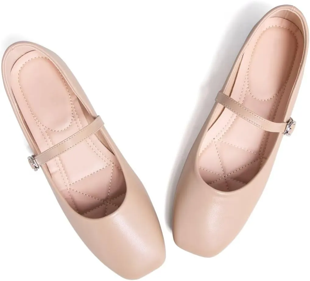 TN TANGNEST Leather Flats for Women Comfortable Square Toe Slip On Flats Soft Work Flats Retro Mary Jane Flats