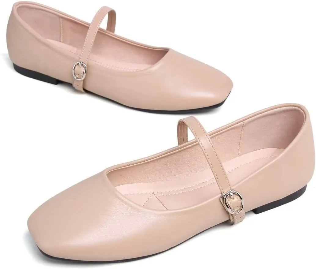 TN TANGNEST Leather Flats for Women Comfortable Square Toe Slip On Flats Soft Work Flats Retro Mary Jane Flats