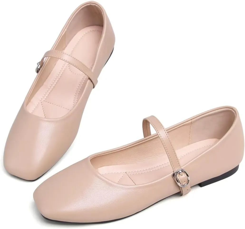 TN TANGNEST Leather Flats for Women Comfortable Square Toe Slip On Flats Soft Work Flats Retro Mary Jane Flats