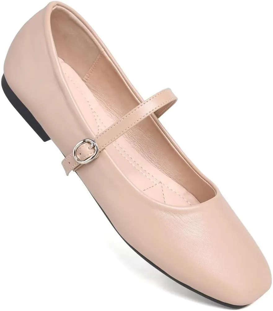 TN TANGNEST Leather Flats for Women Comfortable Square Toe Slip On Flats Soft Work Flats Retro Mary Jane Flats