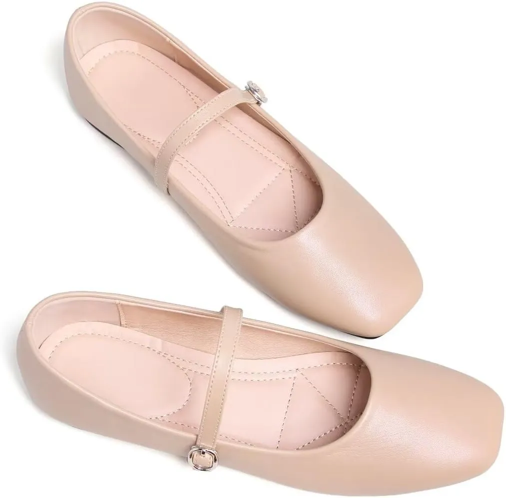 TN TANGNEST Leather Flats for Women Comfortable Square Toe Slip On Flats Soft Work Flats Retro Mary Jane Flats
