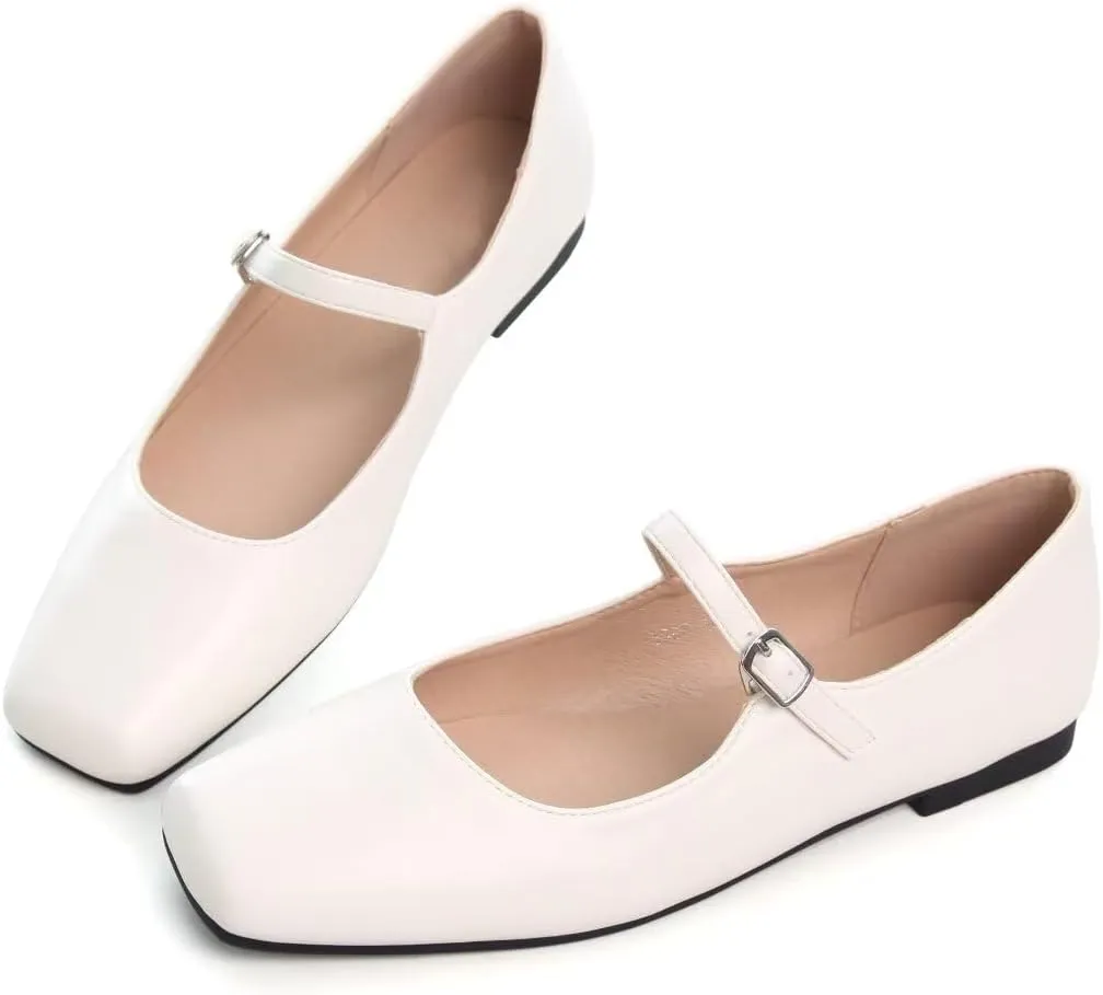 TN TANGNEST Leather Flats for Women Comfortable Square Toe Slip On Flats Soft Work Flats Retro Mary Jane Flats