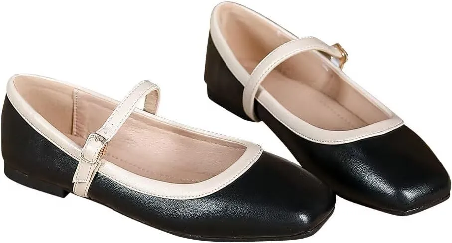 TN TANGNEST Women's Mary Jane Flats Fashion Square Toe Slip On Buckle Flats Soft Comfortable Casual Flat Shoes