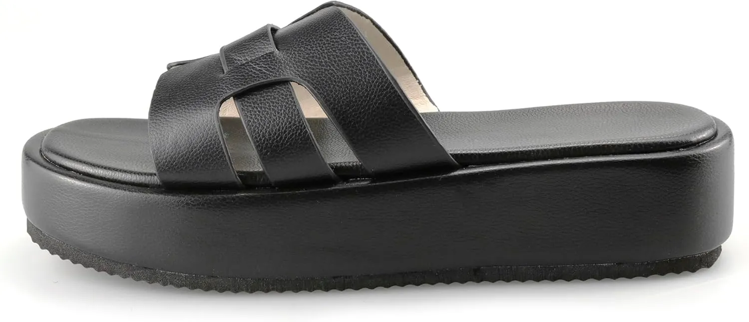 TOCONFFON Women's Flat Sandals Comfortable Platform Slides Sandals Casual Summer Beach Slip On Sandals with Soft PU Leather