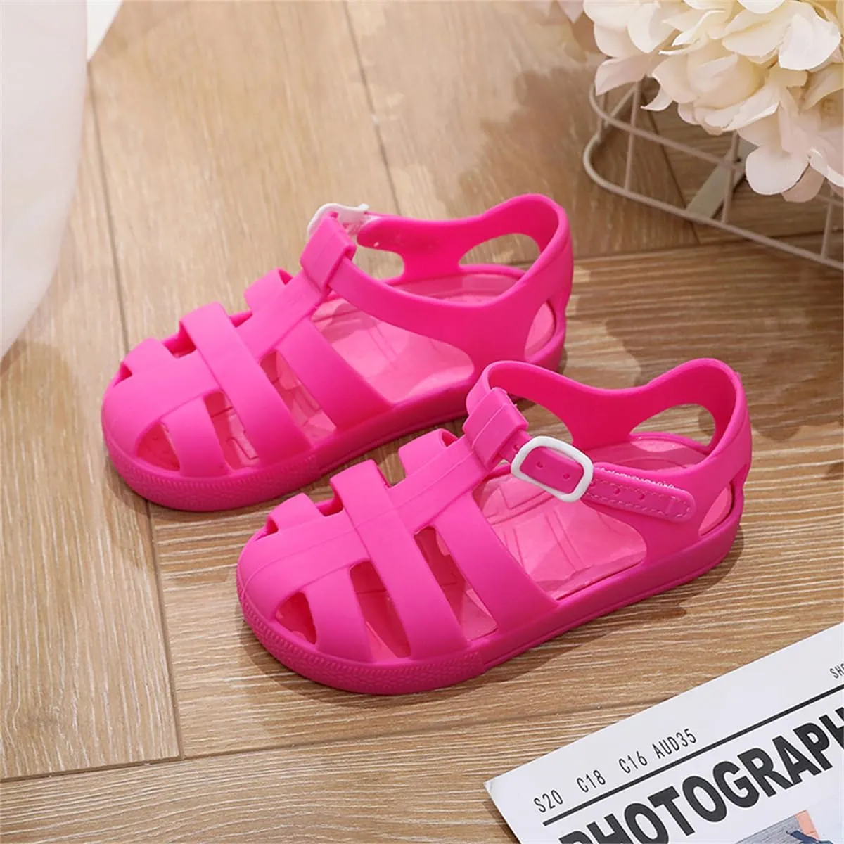 Toddler Girls Jelly Sandals Summer Outdoor Closed Toe Soft Rubber Sole Beach Water Shoes Mary Jane Dress Princess Flat