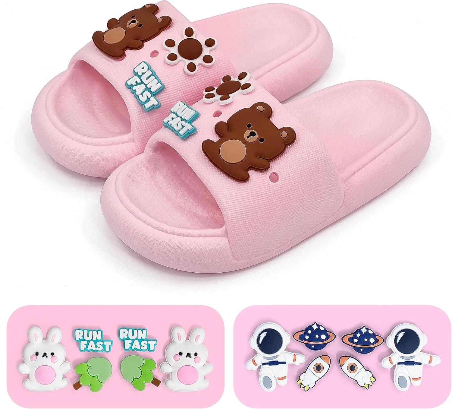 Toddler Slides Slippers Boys & Girls Slide Sandals for Kids Cute Cartoon Open Toe Sandals Compfy Shower Slippers Beach Garden Shoes 4 in 1 with 3 pair of Shoes Decoration Charms