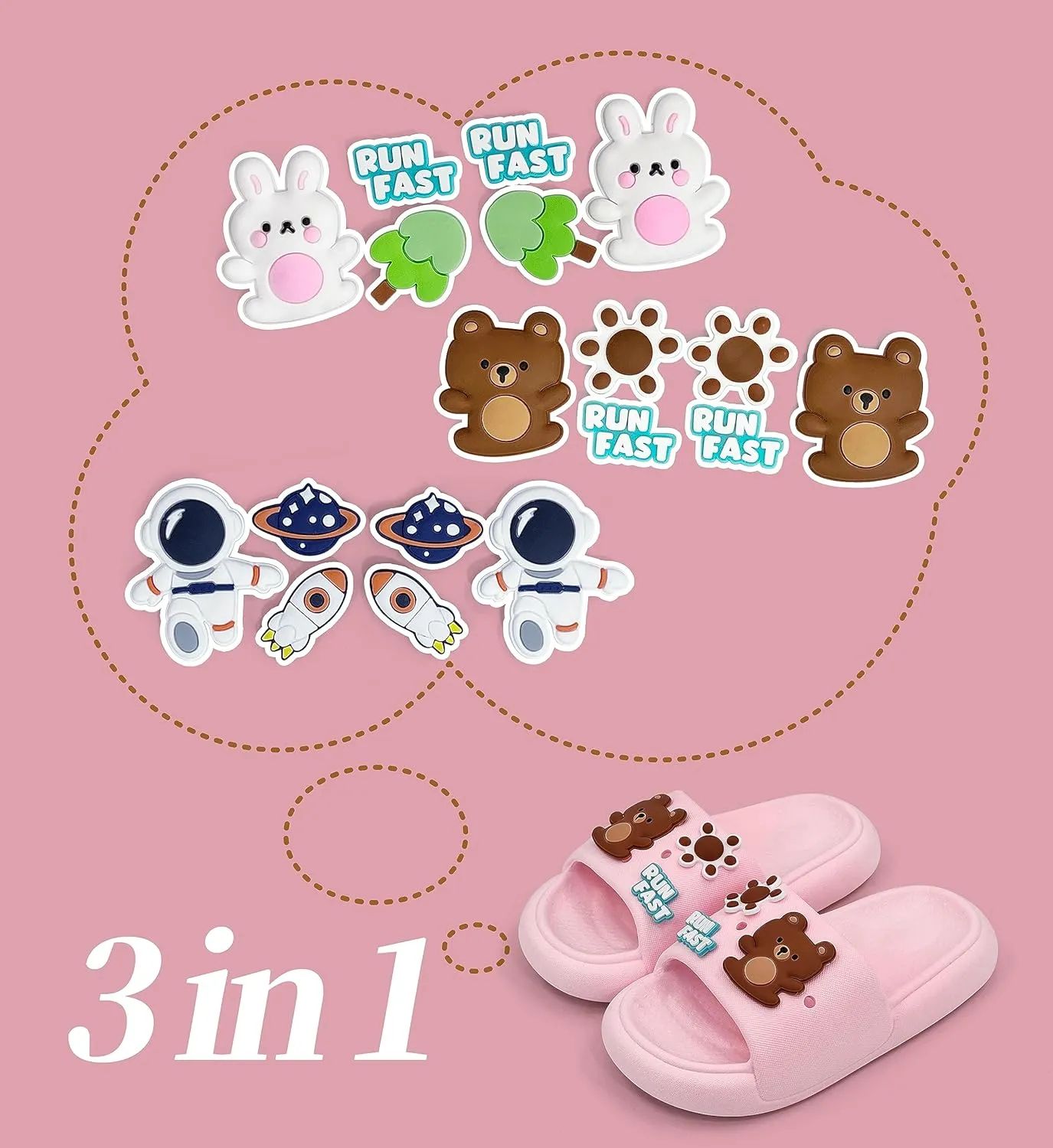 Toddler Slides Slippers Boys & Girls Slide Sandals for Kids Cute Cartoon Open Toe Sandals Compfy Shower Slippers Beach Garden Shoes 4 in 1 with 3 pair of Shoes Decoration Charms