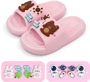 Toddler Slides Slippers Boys & Girls Slide Sandals for Kids Cute Cartoon Open Toe Sandals Compfy Shower Slippers Beach Garden Shoes 4 in 1 with 3 pair of Shoes Decoration Charms