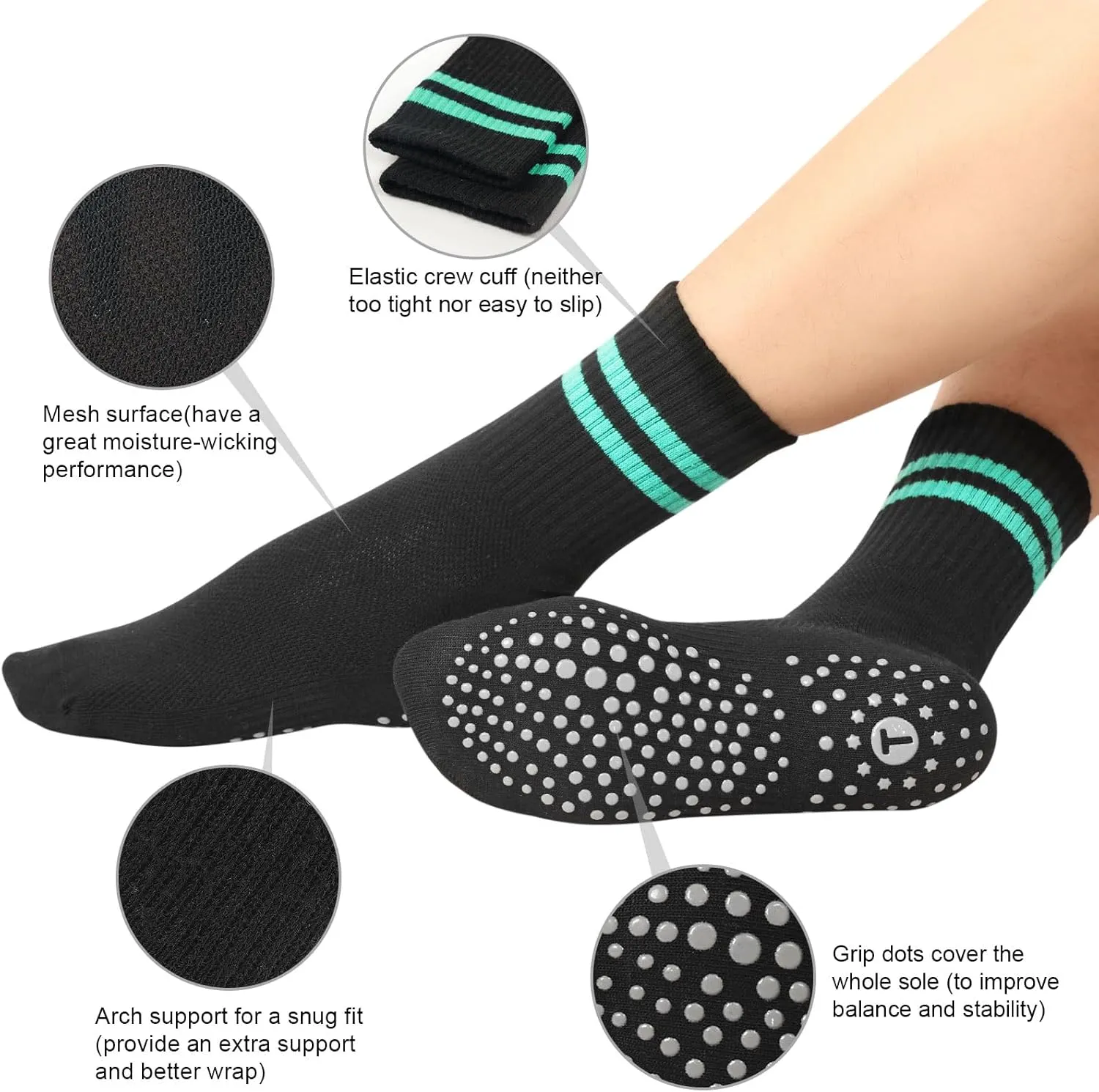 Toes Home Pilates Socks for Women with Non Slip Grippers, Yoga Crew Socks for Barre Hospital Sticky Slipper Socks 4 Pairs