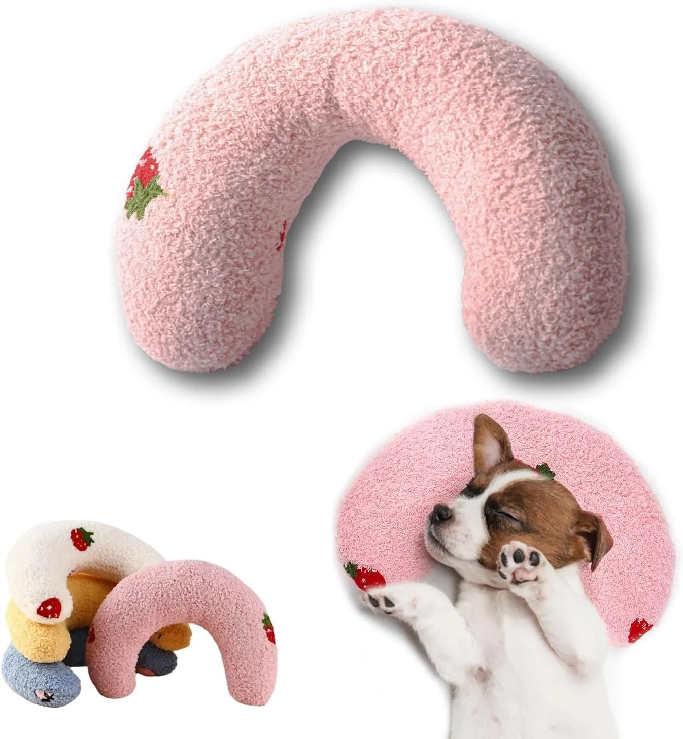 U-Shaped Calming Pillow for Cats and Dogs - Super Soft Plush Fabric, Cozy Headrest, Neck Support for Deep Sleep, Kitten Headrest, Pet Bed (Pink)