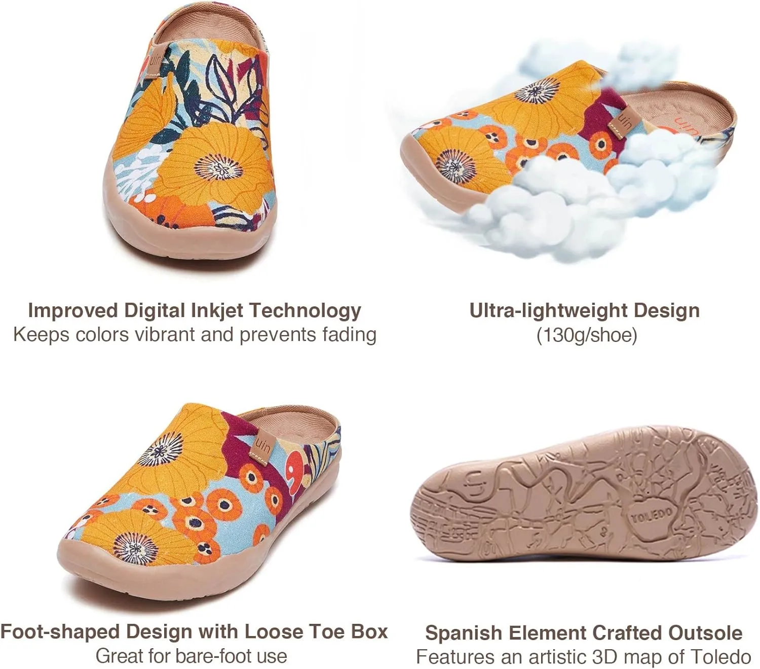 UIN Women's Slip On Mules Comfortable Flat Lightweight Wide Toe Clog Casual Art Painted Travel Shoes Malaga Series