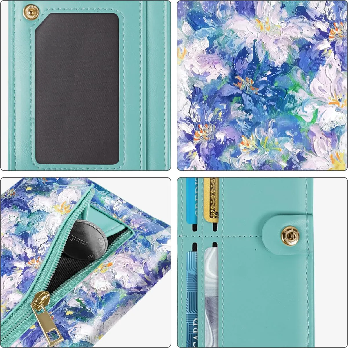 Ultra Slim Womens Wallet Minimalist Thin Long Leather Bifold Wallet RFID Blocking Card Holder Organizer with Zipper Coin Pocket Ladies Girls Gift Purse, Blue Flowers