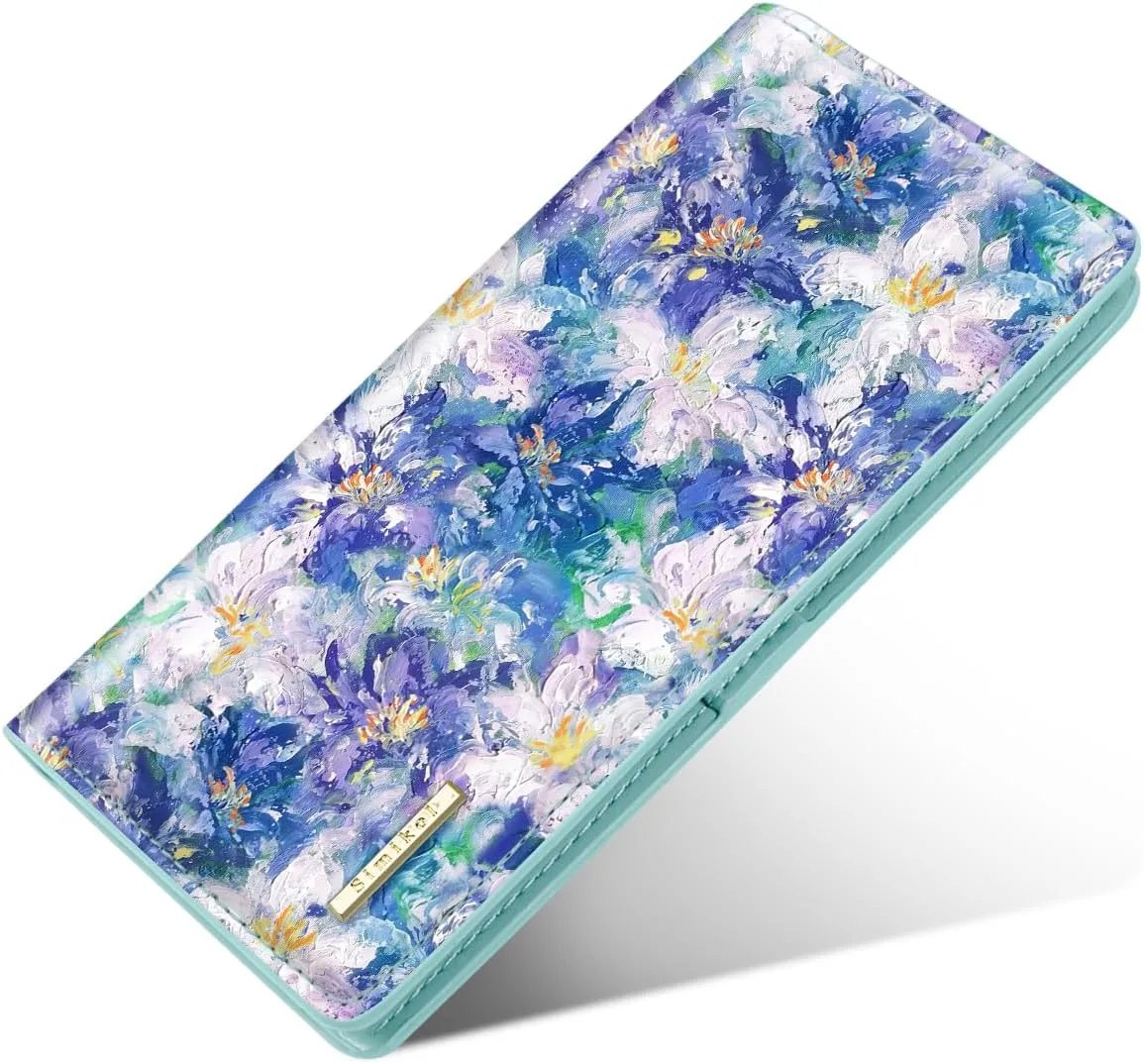 Ultra Slim Womens Wallet Minimalist Thin Long Leather Bifold Wallet RFID Blocking Card Holder Organizer with Zipper Coin Pocket Ladies Girls Gift Purse, Blue Flowers