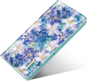 Ultra Slim Womens Wallet Minimalist Thin Long Leather Bifold Wallet RFID Blocking Card Holder Organizer with Zipper Coin Pocket Ladies Girls Gift Purse, Blue Flowers