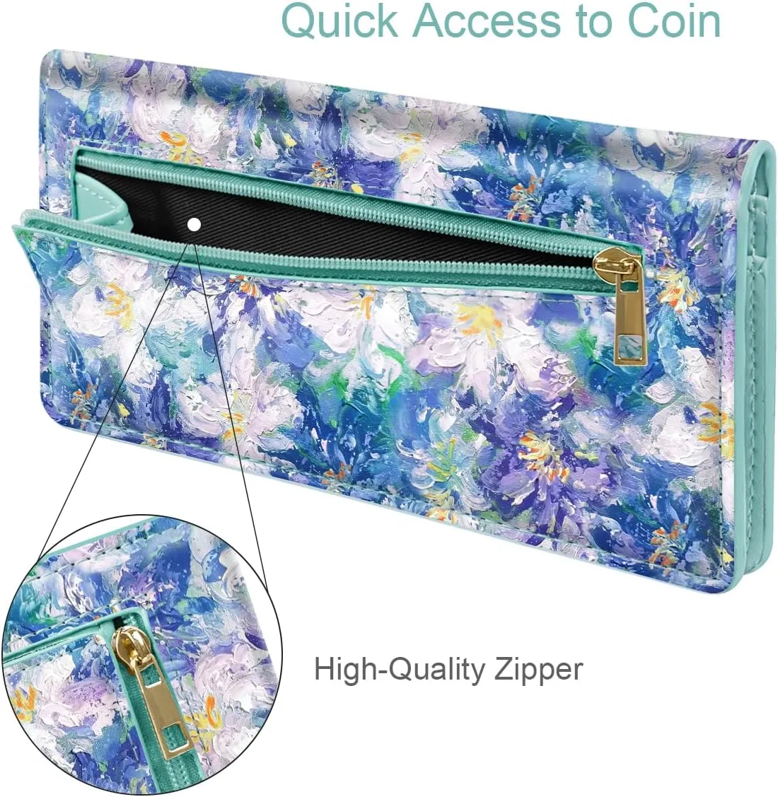 Ultra Slim Womens Wallet Minimalist Thin Long Leather Bifold Wallet RFID Blocking Card Holder Organizer with Zipper Coin Pocket Ladies Girls Gift Purse, Blue Flowers